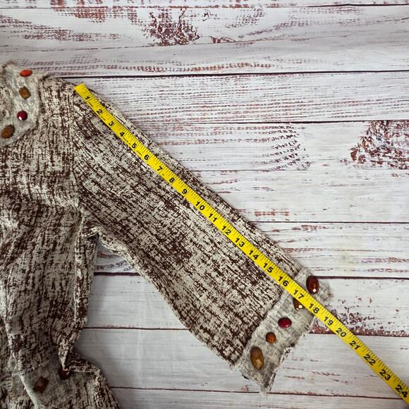 Just B Linen Fringe Blazer L Bohemian Jewel Beaded Mesh Lace Snap Closure Jacket - Picture 10 of 11